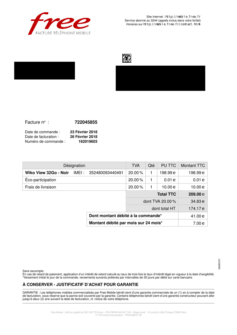 numero telephone free payer facture